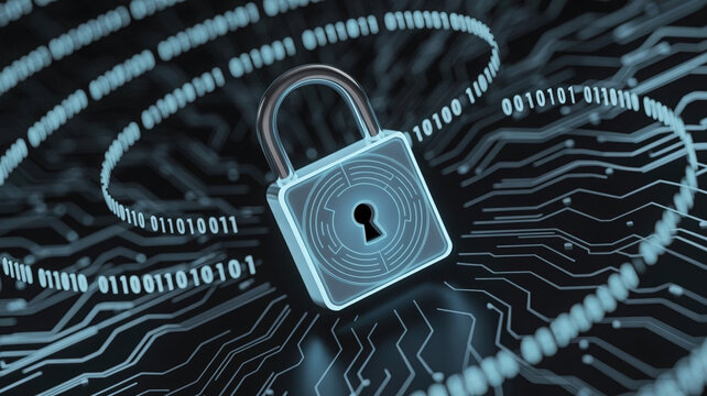 Digital security and data protection concept illustrated by a glowing padlock over circuit board and binary code