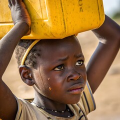 A young African boy carries a yellow water container on his head. He has short black hair and a serious expression, with a drop of sweat on his face.