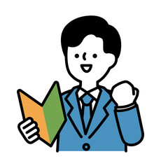 初心者マークを持って笑顔で応援するスーツのビジネスパーソンの男性のベクターイラスト