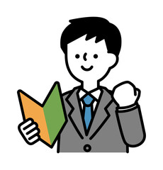 初心者マークを持って笑顔で応援するスーツのビジネスパーソンの男性のベクターイラスト