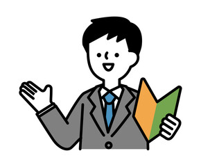 初心者マークを持って笑顔で話すスーツのビジネスパーソンの男性のベクターイラスト