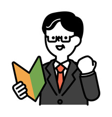 初心者マークを持って笑顔で応援するビジネスパーソンのシニア世代男性のベクターイラスト