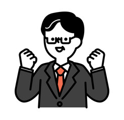 ガッツポーズをして喜ぶスーツのビジネスパーソンのシニア世代男性のベクターイラスト