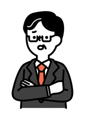 腕を組んで困り顔のビジネスパーソンのシニア世代男性のベクターイラスト