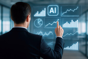 Man interacting with futuristic ai data display suit business