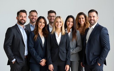 Smart and impeccable-looking diverse group of businesspeople posing confidently for a professional team photo. High quality