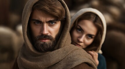 Jacob and Rachel standing together in a pastoral field with a flock of sheep behind them, biblical scene of love and faith