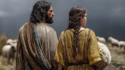 Jacob and Rachel standing together in a pastoral field with a flock of sheep behind them, biblical scene of love and faith