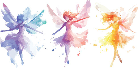 Obraz premium Watercolor Illustration of Four Dancing Fairies Holding Hands Featuring Delicate Wings Flowing Dresses and Floral Crowns in Pastel Colors on a White Background