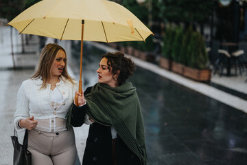 Two friends walking in a city on a rainy day, sharing a yellow umbrella and conversing warmly. The...
