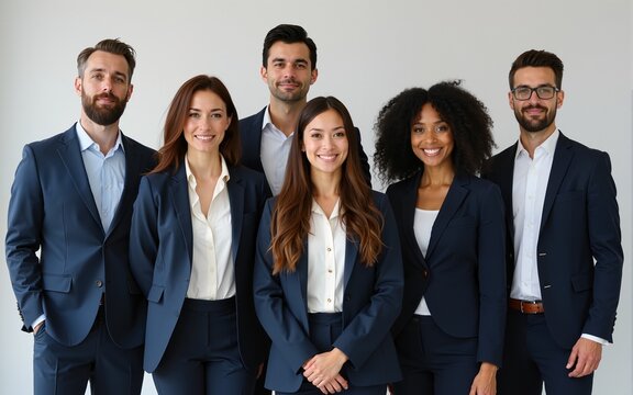 Smart and impeccable-looking diverse group of businesspeople posing confidently for a professional team photo. High quality