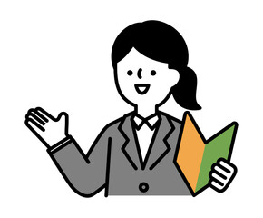 初心者マークを持って笑顔で話すスーツのビジネスパーソンの女性のベクターイラスト