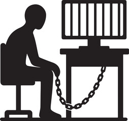 Shadow chained to a desk, monitor glow forming prison bars
