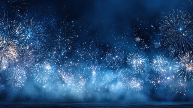 Blue background with fireworks and bokeh lights for celebration or festive event.