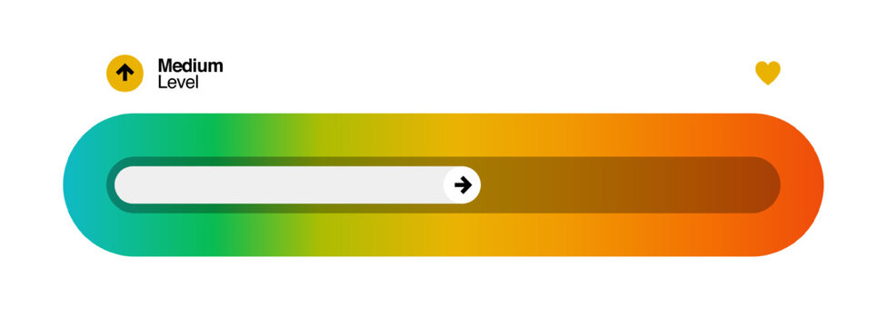 Colorful horizontal progress medium level indicator. Gradient color transition from green to red. Arrow direction shows improvement or movement.
