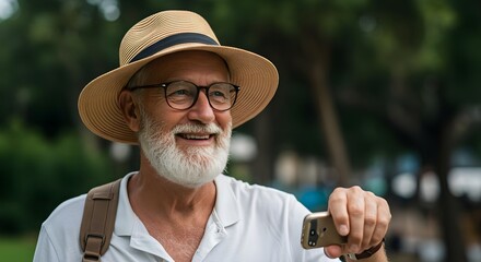 Senior, Man, Elderly, Happy Senior Man Using Smartphone Outdoors