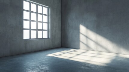 Interior corner window casts light & shadow on stark, gray walls and floor