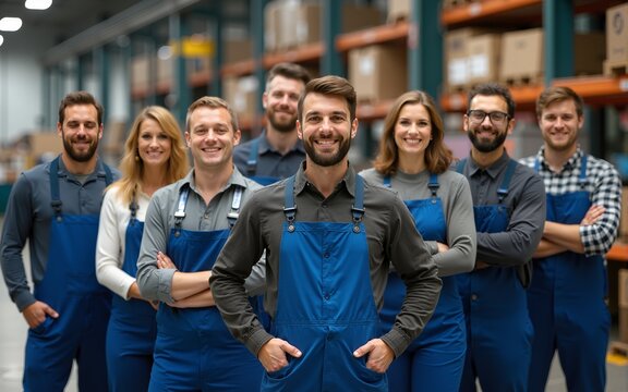 Picture of a happy, diversified group of coworkers at a modern metalwork warehouse plant, arranged in a row. High quality