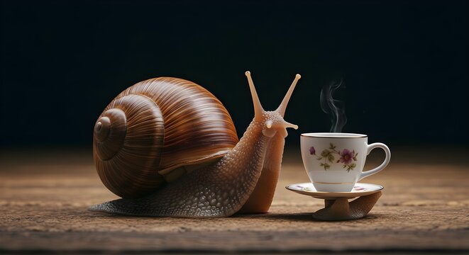 Snail, Tea, Cup, Snail Enjoying a Cup of Tea