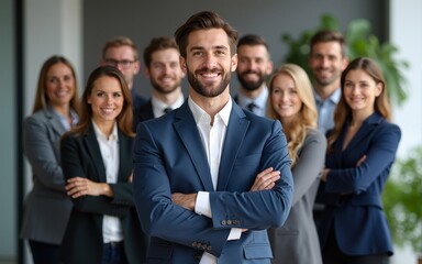 Diverse group of business people team standing in an office, smiling and looking at the camera with arms crossed. A man posing as the leader is in the center posing for a portrait. High quality