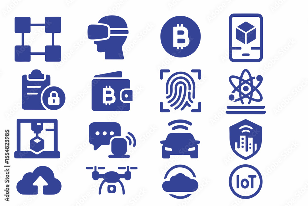 Poster Collection of Technology and Innovation Icons Representing Concepts Such as Blockchain Virtual Reality Cryptocurrency 3D Printing IoT and Artificial Intelligence in a Modern Design set
