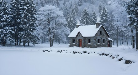 Winter, Snow, Cabin, Stone Cabin in a Snowy Winter Forest