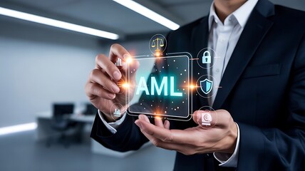 Businessman interacting with digital interface displaying A M L and security icons hands