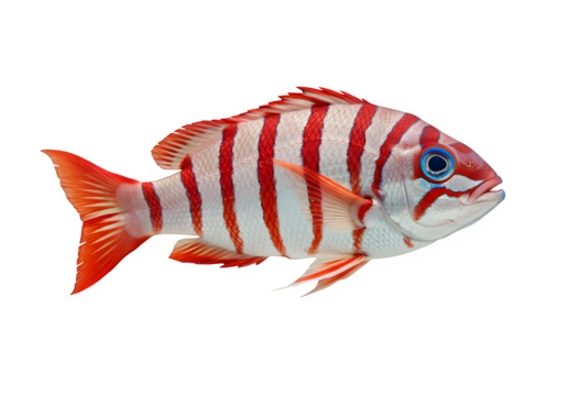 Fish with a blue eye and red and white stripes isolated on white or transparent background. PNG