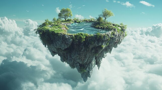A floating island with trees and a pond hovers above the clouds under a bright blue sky with scattered clouds. - Powered by Adobe