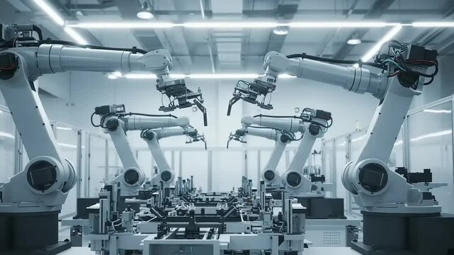 Industrial robots assembling products in a high-tech factory