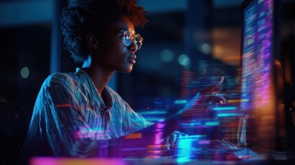 Woman works on computer with digital overlay in a dark indoor setting.