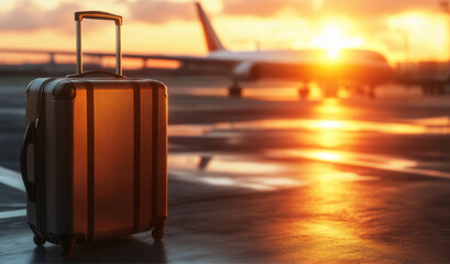Solitary suitcase on tarmac with airplane in distance, symbolizing travel, departure, and journey concepts. Modern luggage and aviation themes for travel-related projects.	