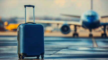 Solitary suitcase on tarmac with airplane in distance, symbolizing travel, departure, and journey concepts. Modern luggage and aviation themes for travel-related projects.	
