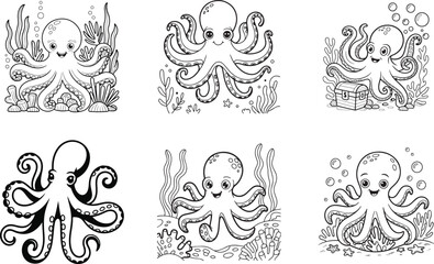 Octopus Vector Line Art | Black and White Illustration on Blank Background

