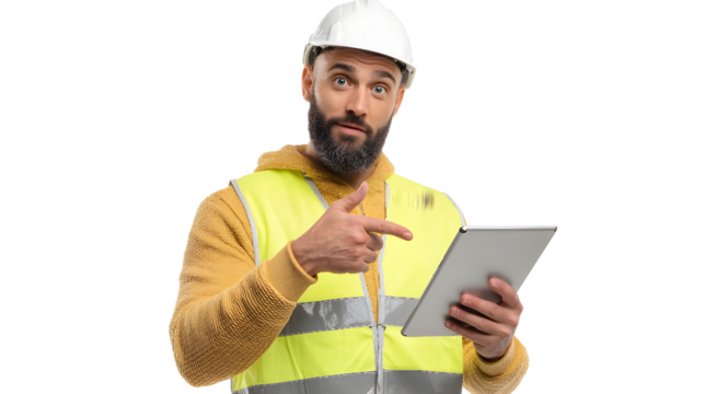 construction supervisor holding a tablet with building plans isolated on transparent background