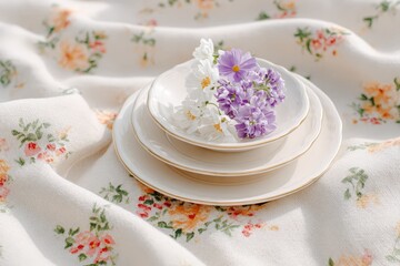 Floral dishes with daisies and purple flowers on patterned fabric background