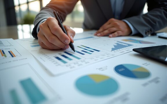 Businessman analyzing a financial report or reviewing a balance sheet surrounded by data and information, indicating careful financial planning. High quality