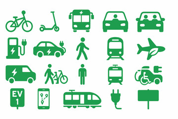 Green Transportation Icons A Collection of Sustainable Mobility Options Including Electric Vehicles Bicycles Public Transit and Pedestrian Symbols Presented in a Clean and Modern Graphic