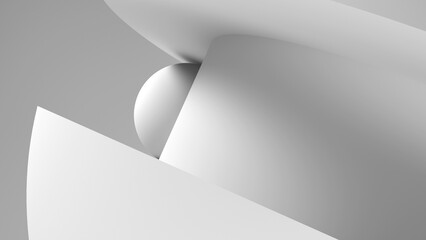 Minimalistic installation of geometric white shapes, including a sphere, 3d render