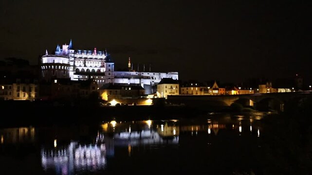 Night view of the Amboise castle in the Loire Valley, France