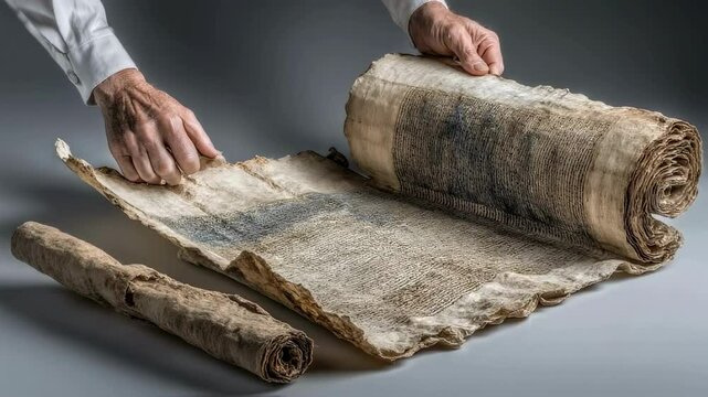 Ancient Unfurling Scroll Hands Carefully Revealing Historical Manuscript