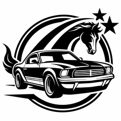 Classic muscle car with horse head and stars design