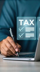 Tax Document Interaction Hand Holding Pen with Digital Tax Overlay. Modern Business Professional Managing Financial Forms. Futuristic Illustration of Tax-Related Task Completion.