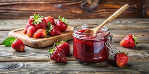 A sweet and colorful jar of homemade strawberry jam with a rustic wooden spoon resting on its rim , homeware, homemade,  homeware