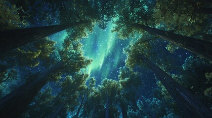 Night forest canopy, looking up. Vast trees, luminous, starry night sky