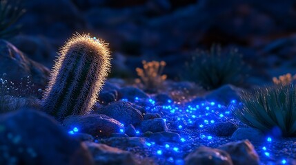 Night desert landscape with glowing cactus and plants.  Glowing stones and rocks in blue light