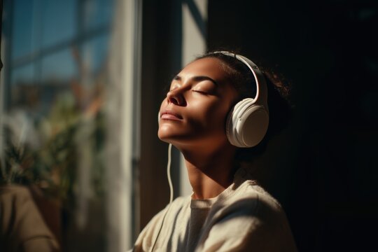 Young woman with headphones enjoying peaceful music or meditation in warm sunlight, embracing mindfulness and emotional wellness
