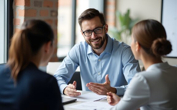 Financial advisor discussing diversified investment plans with clients. High quality
