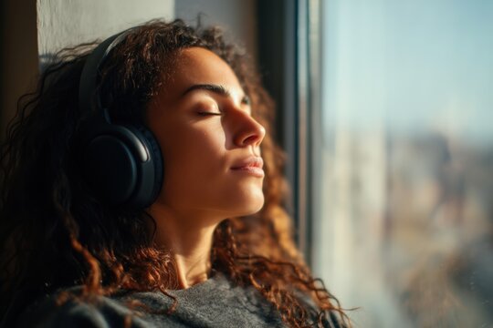 Peaceful young woman with headphones relaxing by sunny window, eyes closed and enjoying music, mindfulness, or quiet reflection - Powered by Adobe