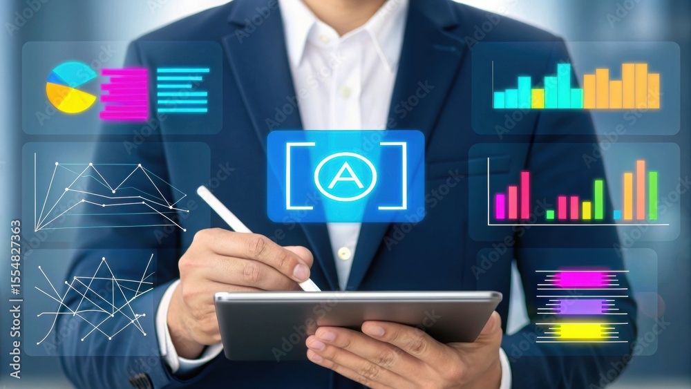 Poster ai-powered data analytics business professional using tablet with graphs. how ai enhances business d